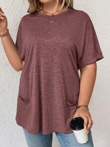 SHEIN LUNE Camiseta de manga de murciélago con bolsillos dobles, informal y de verano, talla grande - Burdeos - Ver 5