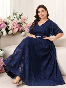Reflora Elegant Blue Chiffon Plus Size V Neck A Line Long Dress With Flounce Sleeves For Formal Party - Blue - View 1