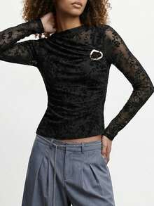 Maija Women's Elegant Black Floral Lace Patchwork Ruffle Metal Decor Long Sleeve T-Shirt,Autumn Party Night Casual Versatile See Through Mesh Top - Black - View 4