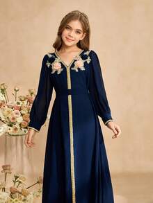 Elegante abito in chiffon con scollo a V e fili d'oro, manica lunga, adatto per matrimoni, gala, compleanni, feste e cerimonie per ragazze pre-adolescenti - Blu Navy - Visualizzare 5