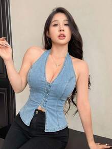 ICON Top halter de mezclilla elástico y sin mangas sexy para mujer, corsé azul, top de verano lindo - Lavado ligero - Ver 5