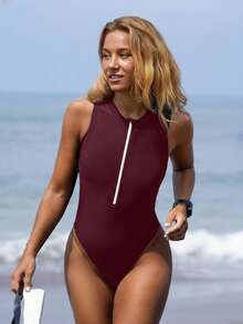 Swim SPRTY Áo tắm liền thân hở lưng bằng vải bóng dành cho nữ, thích hợp cho bãi biển, lướt sóng và thể thao. - Màu Đỏ Sâu - Xem 6