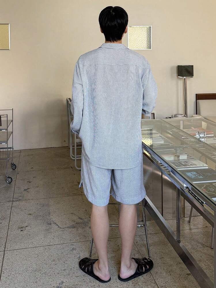 Men's Multi-Color Long Sleeve Shirt Paired With Shorts T-Shirt Set, Summer
