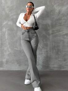 98%Cotton Zipper Fly Distressed Bell Bottom Jeans - Grey - View 4