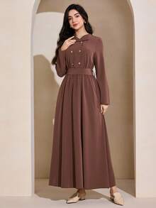 Graceveil Đầm dài tay cổ bẻ buộc dây màu cà phê dành cho nữ, kiểu dáng thường ngày. - Cà phê nâu - Xem 5