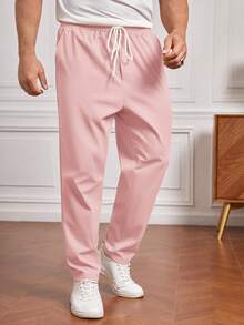 EASEVO Plus Size Men's Casual Everyday Commute Solid Color Drawstring Waist Slant Pocket Long Pants - Pink - View 4