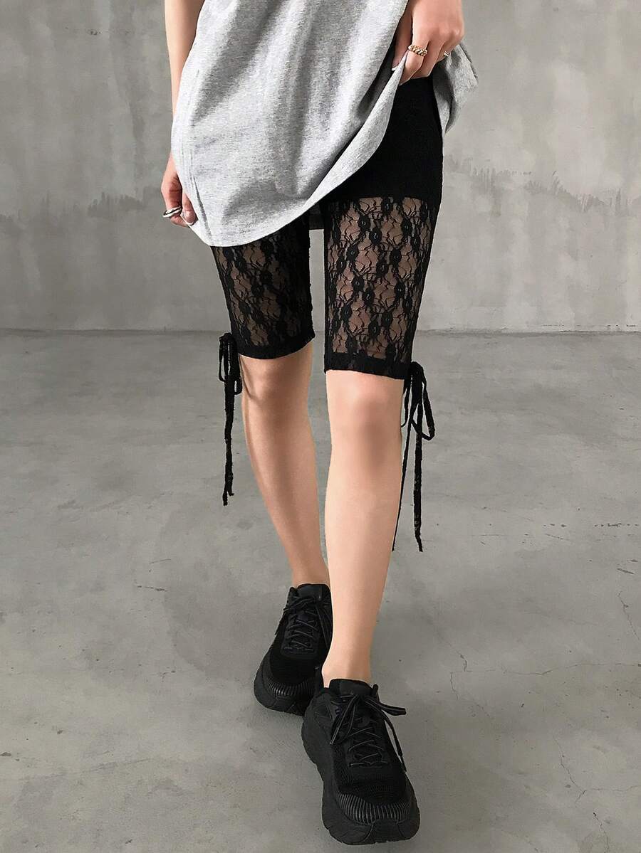 FRIFUL Quần legging nữ màu trơn, viền ren, thắt nơ ở eo, thích hợp cho mùa hè. - màu đen - Xem 1