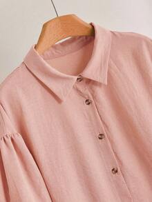 CosyJoli Plus Size Women Embroidered Front Button Ruffle Hem Long Sleeve Blouse - Pink - View 4