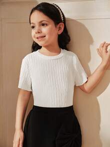 SHEIN Young Girls White Textured Round Neck Short Sleeve T-Shirt Everyday Casual Fitted Semi-Sheer Polyester Regular Length - White - View 5
