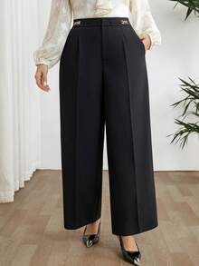 Modelyn Pantalones de pierna ancha de unicolor versátiles y de moda para tallas grandes - Negro - Ver 7