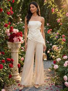 Amorya Bộ đồ nữ thanh lịch mới gồm áo quây và quần ống rộng xếp ly, thích hợp cho buổi hẹn hò ngày Valentine. - Màu be - Xem 3
