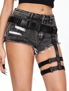 ROMWE 1pc Women's Black Canvas Fabric Single Side Double Layer Elastic Band Leg Decor Dark Goth Style Waist Belt Skirt/Shorts Accessory, Versatile Daily Wear - Black - View 6