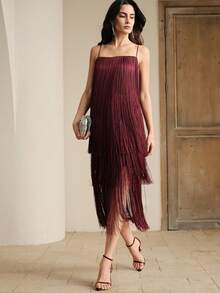 Anewsta Spaghetti Strap Asymmetrical Tassel Burgundy Cocktail Party Dress For Women, Suitable For Vacation, Party, Birthday, Anniversary - Burgundy - View 3