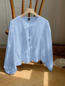 SHEIN EZwear 春夏新款雪纺女士花瓣袖蝴蝶结休闲度假衬衫 - 淺藍色 - 查看 5