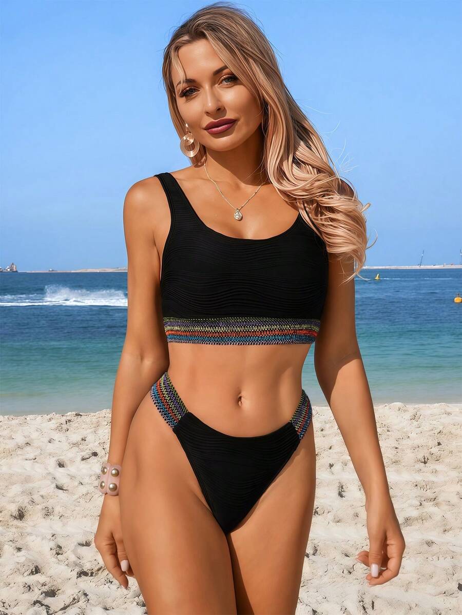Swim Lushoire 2pcs Black Colorful Strap Decor Triangle Bikini Set,High Waist Tummy Control Swimwear,Summer Casual Beach Party Vacation Holiday 2 Pieces Swimsuit - Black - View 1