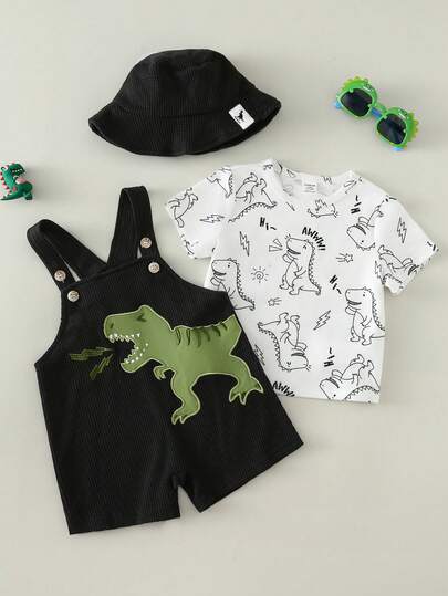 SHEIN 3件套男婴幼儿可爱恐龙贴花华夫格背带短裤、短袖针织上衣和遮阳帽，春夏套装