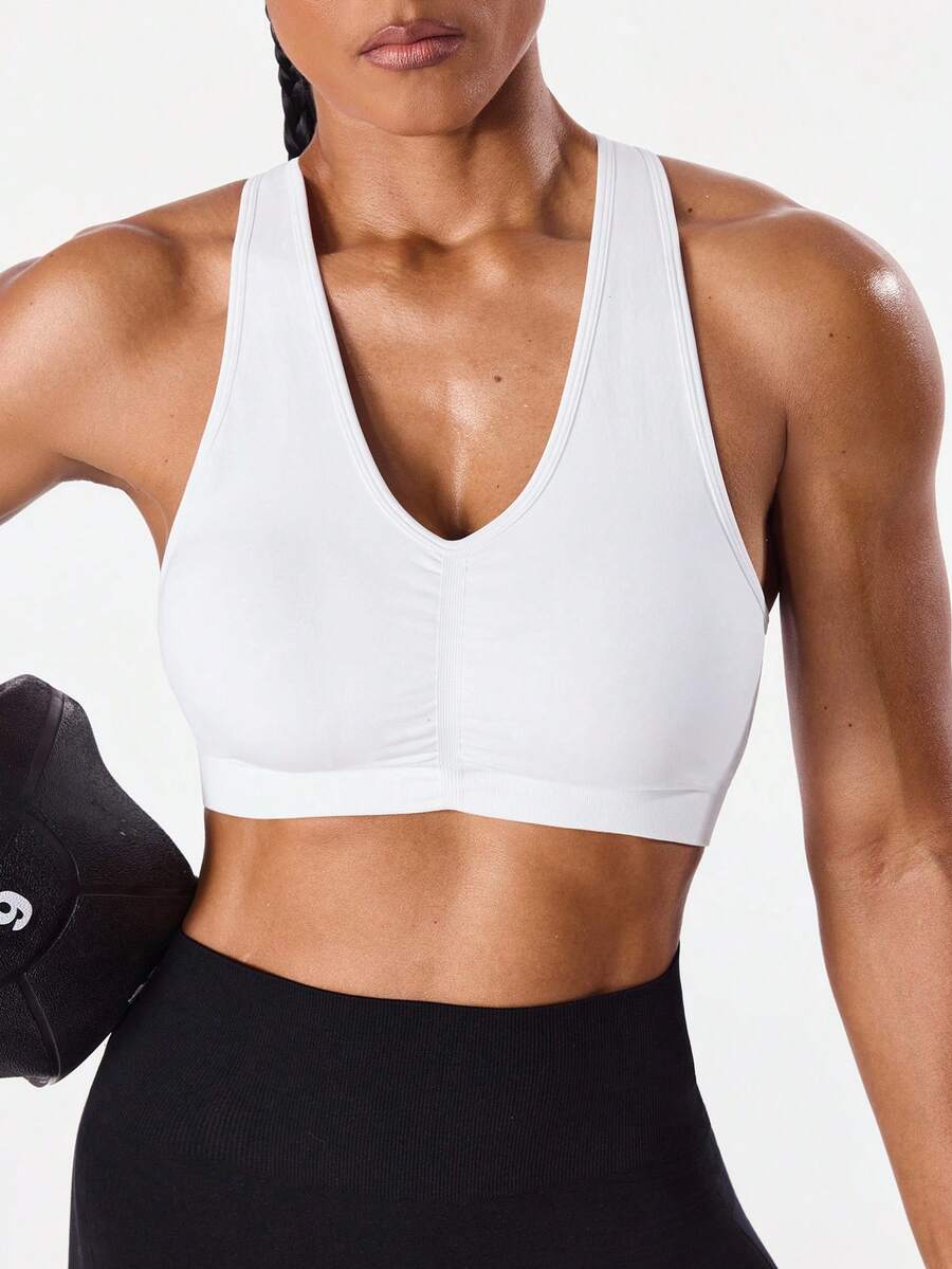 SHEIN Sports 女士纯色褶皱运动文胸 - 白色 - 查看 1