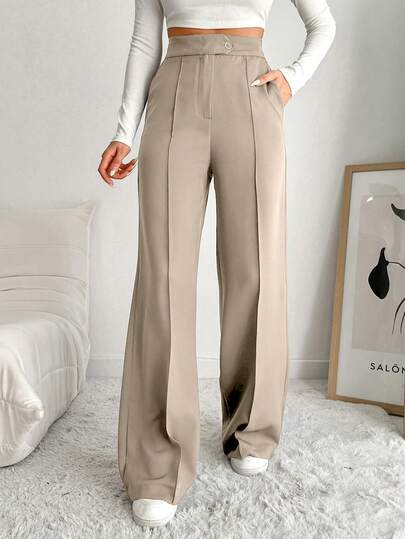 EURMUSE Women's Solid Color Straight Leg Loose Casual Suit Pants With Pockets
