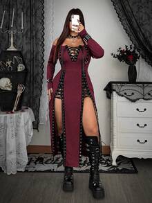 Whyspr Plus Size Women's Halter Neck Criss-Cross Tie Slit Dress - Burgundy - View 7