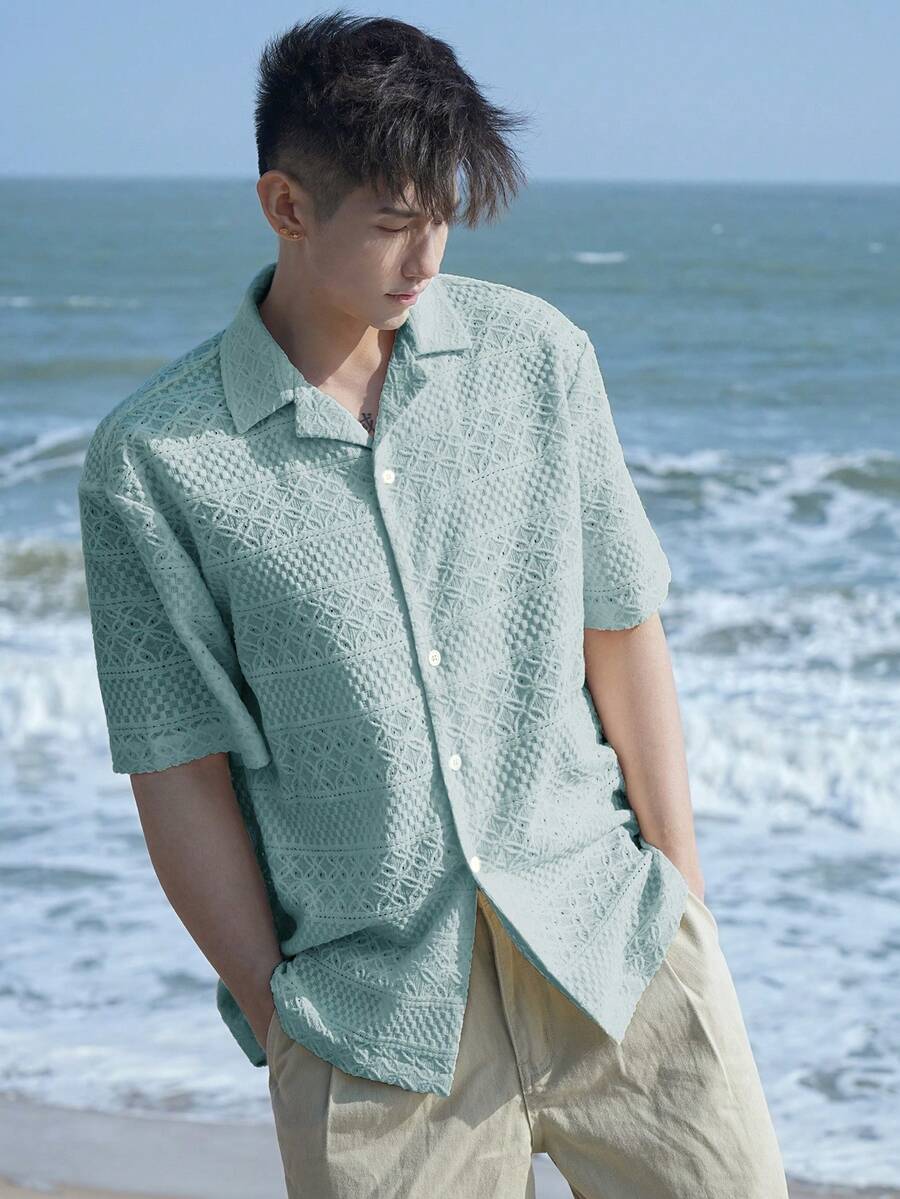 DAZY Summer Vacation Beach Blue Geometric Pattern Textured Fabric Men's Shirt - Blue - View 1