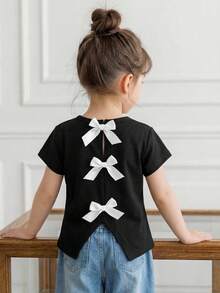 Elladie kids Girls Black And White T-Shirt With Bow Decor,Summer First Birthday Gift,Youth Graphic Tee,Round Neck Short Sleeve Open Back Shirt Casual Kids Top - Multicolor - View 1