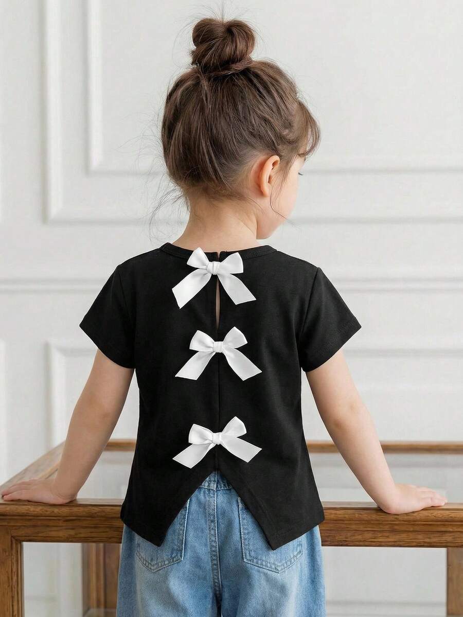Elladie kids Girls Black And White T-Shirt With Bow Decor,Summer First Birthday Gift,Youth Graphic Tee,Round Neck Short Sleeve Open Back Shirt Casual Kids Top - Multicolor - View 1