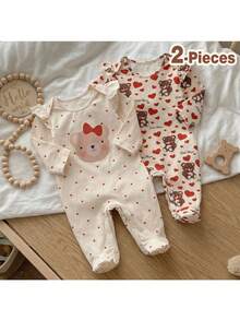 Loomiva 2-teiliges Set für Neugeborene Mädchen: Gestrickter Jumpsuit mit Cartoon Bär Muster, Rundhalsausschnitt, Langarm - Verschiedenfarbig - Übersicht 1