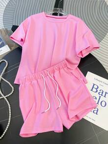 Resyla Ensemble 2 pièces T-shirt et short décontracté unicolore pour femmes - Rose bonbon - Voir 4