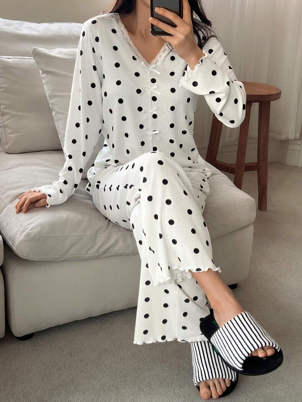 Women's Polka Dot & Lace Patchwork Sleepwear Set With Bow Decor