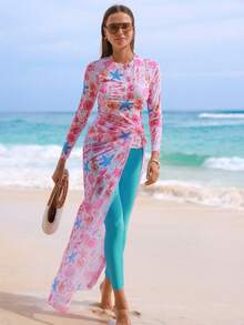 Swim Shayni 三件套沙滩装：长袖拉链上衣（海洋印花）、纯色弹力腰裤和海洋印花交叉腰开衩裙，夏季热销沙滩度假套装 - 彩色 - 查看 4