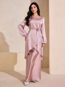Graceveil Elegante Damen Bluse aus Acetat-Satin mit 3D Blumen Dekor, Bindegürtel und asymmetrischen Ärmeln - Pink - Übersicht 11