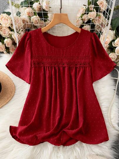 EMERY ROSE Plus Size Solid Color Round Neck Jacquard Casual Summer Short Sleeve Shirt