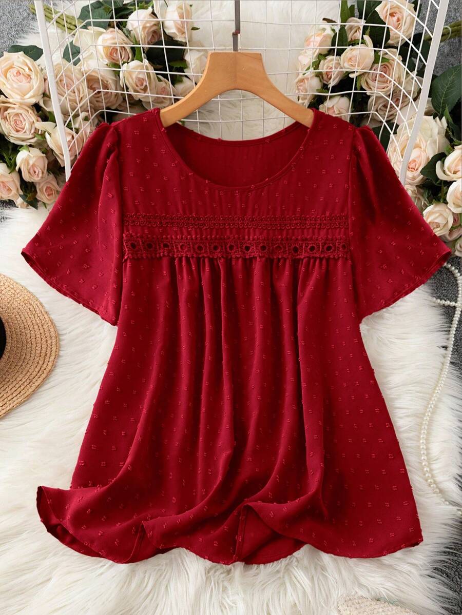 EMERY ROSE Plus Size Solid Color Round Neck Jacquard Casual Summer Short Sleeve Shirt - Red - View 1