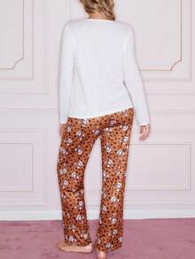 SweetSlumber Women's Comfortable Cartoon Rabbit Print Long Sleeve Top And Pants Pajama Set, Autumn Orange Pajama Set Women Pajamas Set Two Piece Orange Pj Set Coffee Pajamas Gingerbread Pajamas - Multicolor - View 2