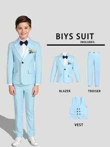 SHEIN Bộ 3 món cho bé trai tuổi teen, gồm áo khoác cổ satin màu trơn, quần màu trơn và áo vest, không kèm phụ kiện, trang phục trang trọng cho tiệc sinh nhật, tiệc tối, đám cưới, lễ rửa tội, ngày Valentine. - Màu xanh lam - Xem 8