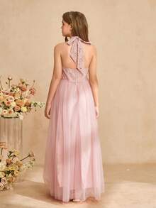 Vestido elegante con contraste de encaje y malla, con corte de cintura y falda acampanada para niñas, adecuado para niña de las flores, boda, baile de graduación, fiesta de cumpleaños, banquete - Rosa - Ver 2