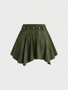 Sweetra Plus Size Sweet Faux Suede Asymmetrical Hem Solid Color A-Line Skirt - Army Green - View 2