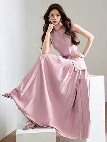 Heiryn Women's Elegant Sexy Minimalist Slit Top And Pleated Skirt 2 Pieces Set, Summer Golf Pastal - Pink - View 2