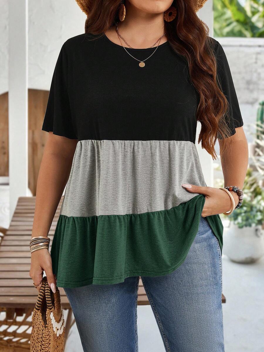 EMERY ROSE Plus Size Women's Black Colorblock Round Neck Short Sleeve Ruffle Hem Casual Tunic Tops,Summer Boho Vacation Blouses For Spring Mother's Day - Fresh Green - View 1