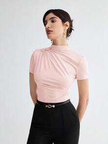 BizChic Spring/Summer New Shallow V-Neck Shoulder Ruched Metal Button Decor Fitted Waist Women's T-Shirt, Suitable For Office, Formal, Elegant Urban Commute, Daily Casual, Romantic 90s Retro, Party, Wedding Guest, Bridesmaid, Hostess, Outing, Social, Date, Party, Concert, Graduation, Breakfast, Airport - Pink - View 7