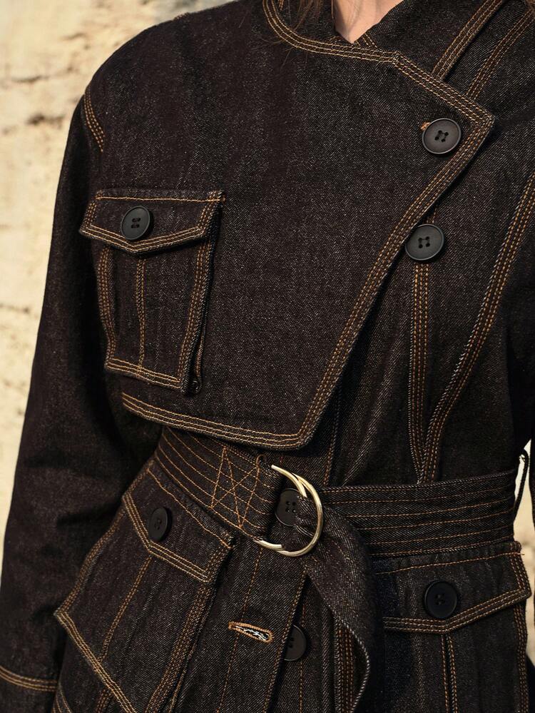 WOMEN'S AUTUMN/WINTER UTILITY POCKET METAL BUCKLE WAIST DENIM JACKET