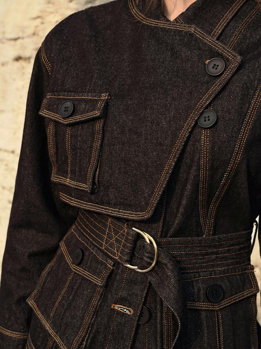 MOTF PREMIUM ÁO KHOÁC DENIM NỮ THU ĐÔNG CÓ TÚI TIỆN DỤNG VÀ KHÓA KIM LOẠI - Màu xanh hải quân - Xem 2