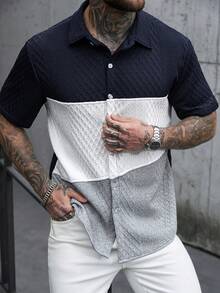 Manfinity Homme Men's Contrast Color Patchwork Summer Casual Button-Front Short Sleeve Shirt Color Block Shirt Men Colorblock Shirt - Multicolor - View 9