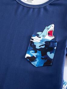 Boys' Shark Print Short Sleeve Snug Fit Pajama Set, Blue Camouflage Cool Print, Soft Sleepwear 2 Pieces Set - Navy Blue - View 5