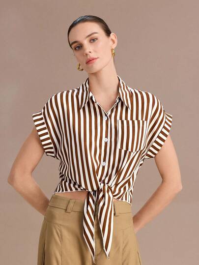 Uhlyne Women's New American Casual Brown & White Vertical Stripe Short-Sleeve Shirt - Collared Button-Front With Patch Pocket, Tie-Hem Slim-Fit Short Loose Blouse For Office