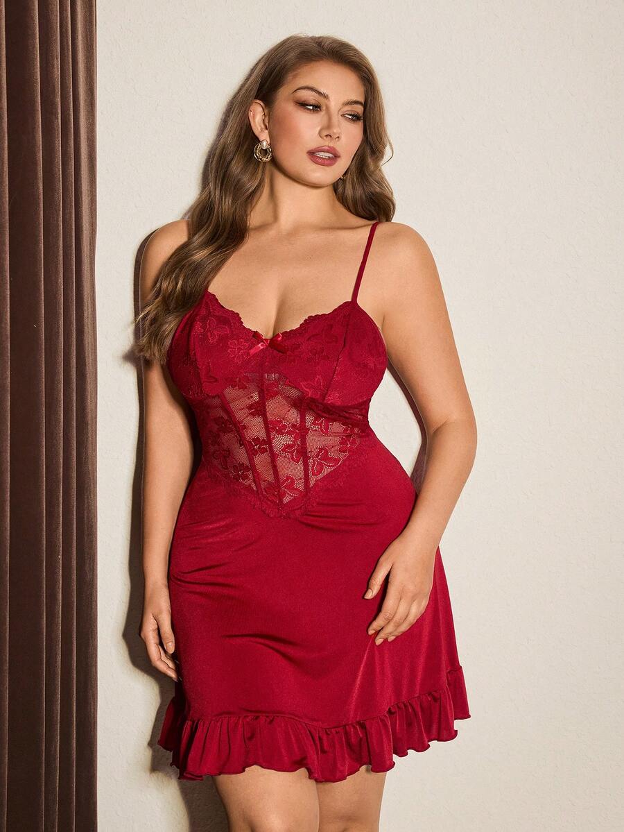 Plus Size Women Sexy Red Lace Patchwork Hollow Waist Ruffle Hem Nightgown - Burgundy - View 1