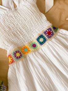 Teen Girl Beach Vacation Style White Square Collar Colorful Ruffle Splice Cap Sleeve Waist Cinched A-Line Dress, Suitable For Holiday Wear - White - View 4