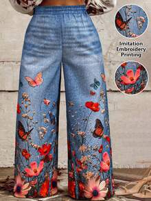 Maweii Plus Size Boho Blue Floral Butterfly Imprinted Long Wide Leg Woven Fabric Pants - Blue - View 3