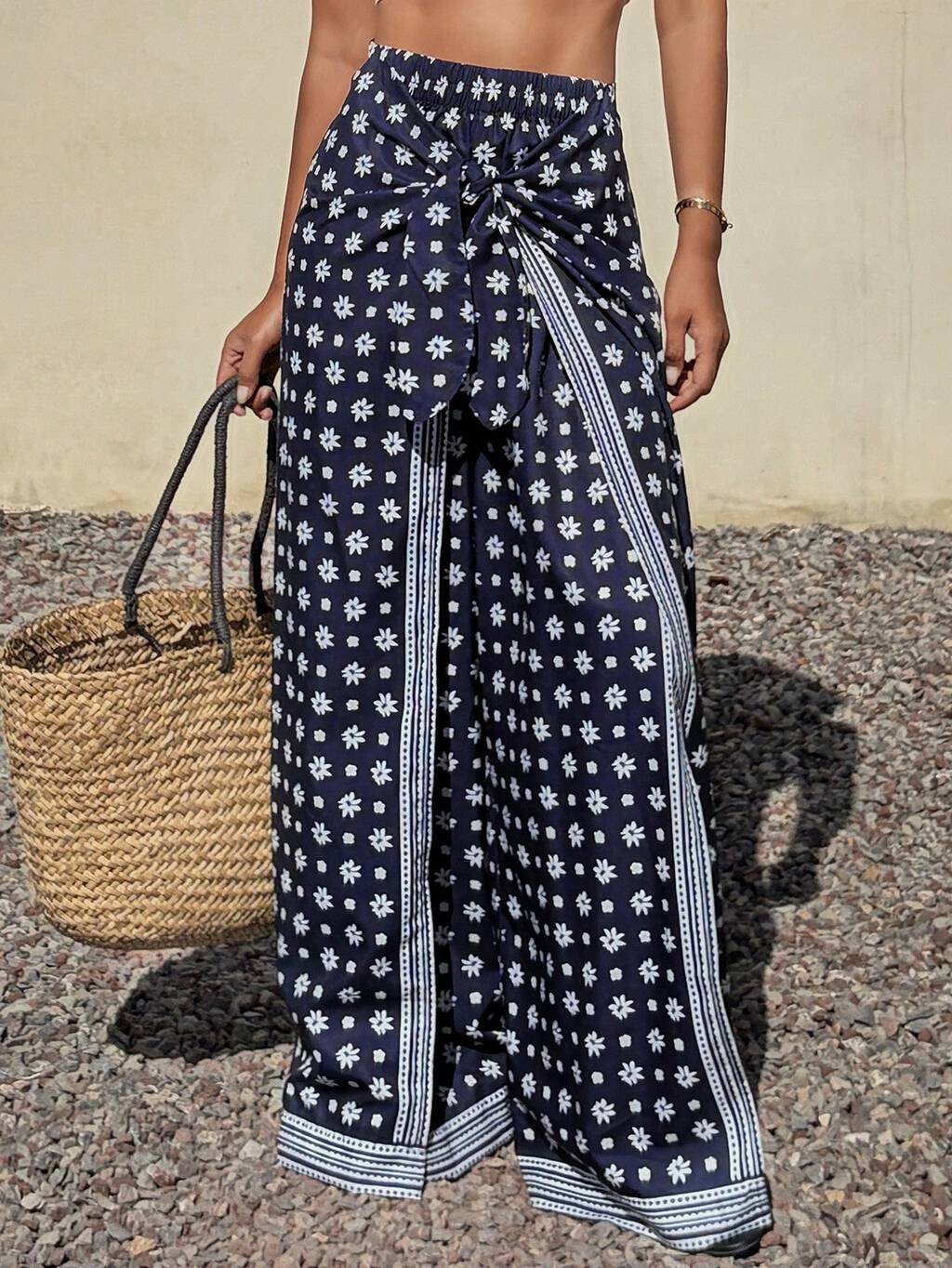 Pantalones anchos de pierna ancha con estampado y estilo envolvente para mujer, estilo casual de vacaciones