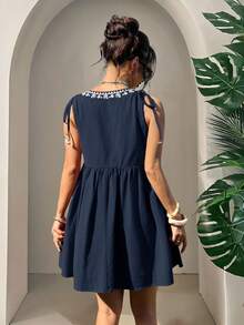 SHEIN EZwear 女士藏蓝色刺绣无袖梭织度假连衣裙 - 藏蓝色 - 查看 2